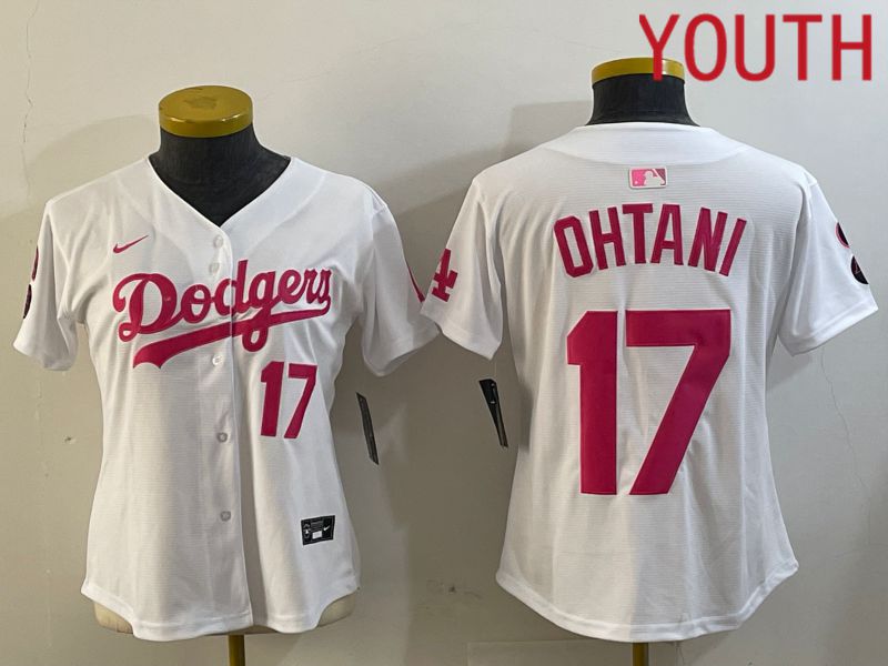 Youth Los Angeles Dodgers 17 Ohtani White pink Game 2024 Nike MLB Jersey style 4